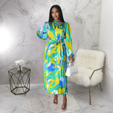 Robe plissée imprimée à manches longues et lacets